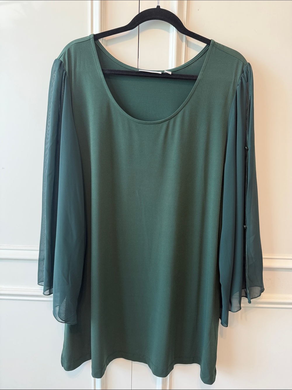 Susan Graver Teal Green Scoop Neck Tunic with Sheer Bishop Sleeves